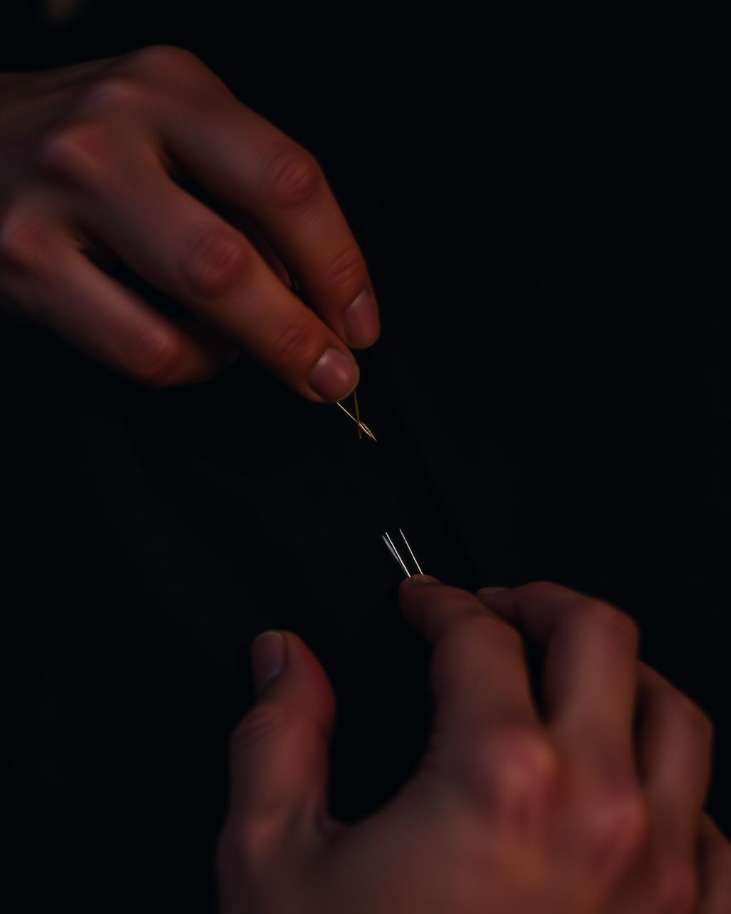 Proceso artesanal: hilos dorados sobre lino oscuro